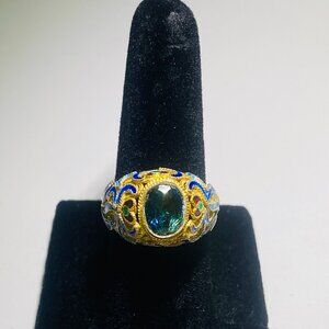 Barbara Garwood Blue Topaz Ring Mongolian Art 14K over Silver Sz. 6